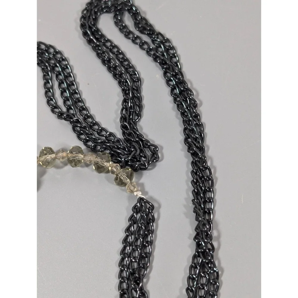 Smokey Gray Bead Crystal Ball Black‎ Multi Chain Tassel Necklace 28